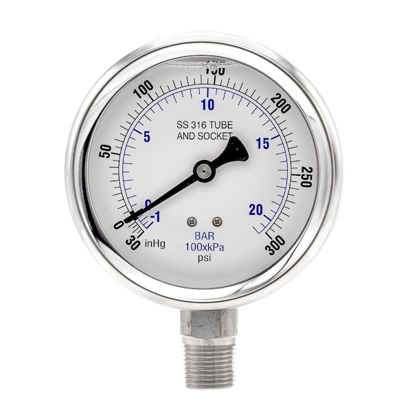 Pro 4 in Dial, 30 in Hg Vac/0/300 PSI & Bar, 1/2 in NPT, Lower Mount Glycerin Filled Pressure Gauge PRO-301L-402CH-01 - main